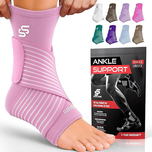 Sleeve Stars Ankle Brace for Women & Men, Ankle Wrap for Sprained Ankle, Compression Sleeve for Plantar Fasciitis Relief, Easy Customizable Support: w/Removable Strap (Single/L:12"-13"/Baby Pink)