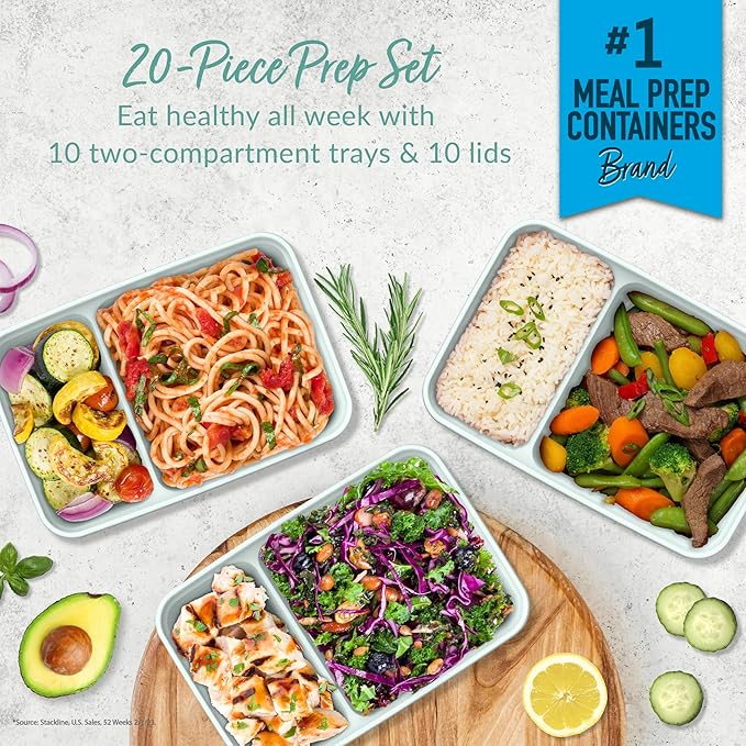 Bentgo 20-Piece Lightweight, Durable, Reusable BPA-Free 2-Compartment Containers - Microwave, Freezer, Dishwasher Safe - Mint