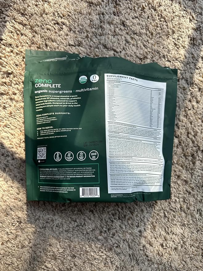 Zena Complete Organic Super Greens Powder & Multivitamin, 90+ Supergreens, Fruits, Veggies, Pre & Probiotics, Watermelon Citrus Flavor, 30 Packets + Water Bottle