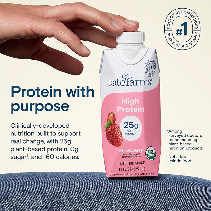 KATE FARMS Organic High Protein Strawberry Nutrition Shake, 25g Protein, 6g Fiber, 27 Vitamins and Minerals, 0g Sugar, Protein Drink, 11 oz (12 Pack)
