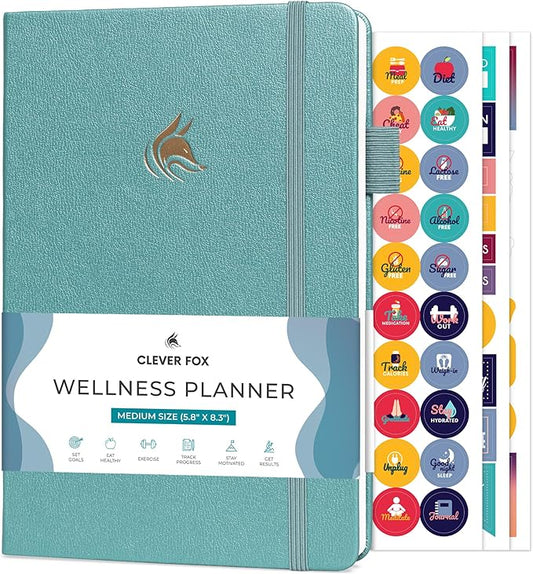 Clever Fox Wellness Planner - Weekly & Daily Health and Wellness Log, Food Journal & Meal Planner Diary for Calorie Counting, Notebook for Medical Condition Tracking, A5-Sized - Aquamarine