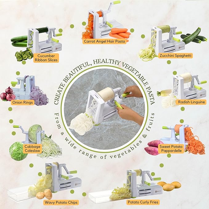 Brieftons 7-Blade Vegetable Spiralizer: Strongest-Heaviest Spiral Slicer, Best Veggie Pasta Spaghetti Maker for Low Carb/Paleo/Gluten-Free Meals, With Container, Lid, Blade Caddy & 4 Recipe Ebooks