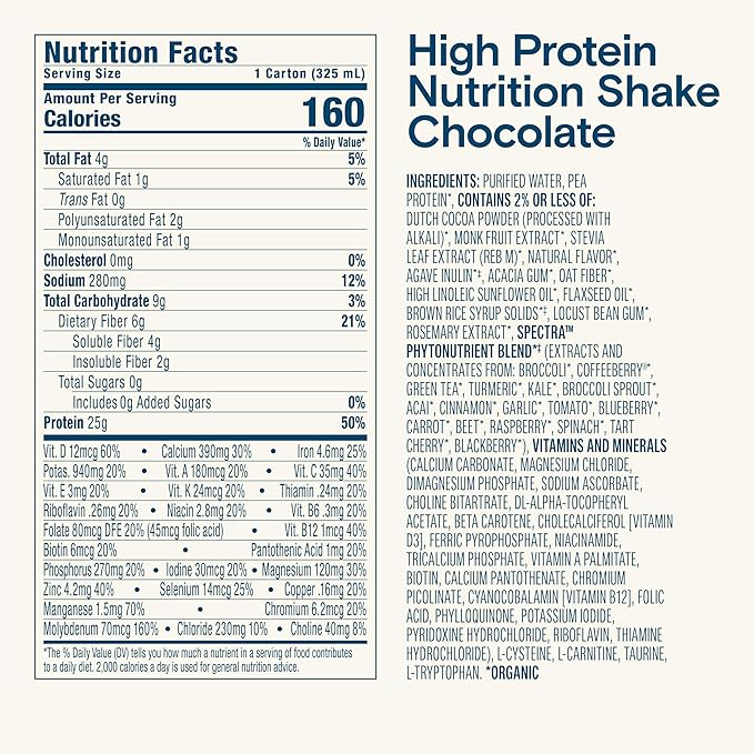 KATE FARMS Organic High Protein Chocolate Nutrition Shake, 25g Protein, 6g Fiber, 27 Vitamins and Minerals, 0g Sugar, Protein Drink, 11 oz (6 Pack)