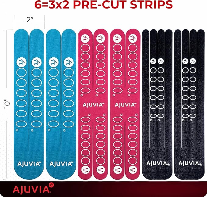 AJUVIA Synthetic Kinesiology Tape, Lasts up to 14 Days, Hypoallergenic Precut K Tape Elastic Bandages for Muscle Pain Relief and Joint Support - 10" x 2" (1 Envelope, 3 Colors, 6 Pieces)