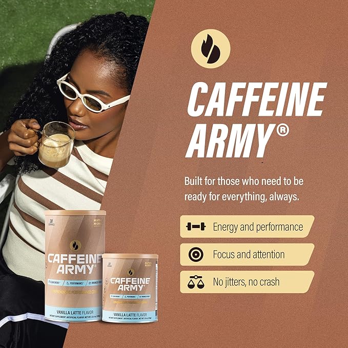 CAFFEINE ARMY Vanilla Latte | Comprehensive Functional Coffee with MCTs, CoQ10, Collagen and Adaptogens: Clean Energy + Supports Daily Attention, No Jitters or Crash (7.8 oz 22 Servings)