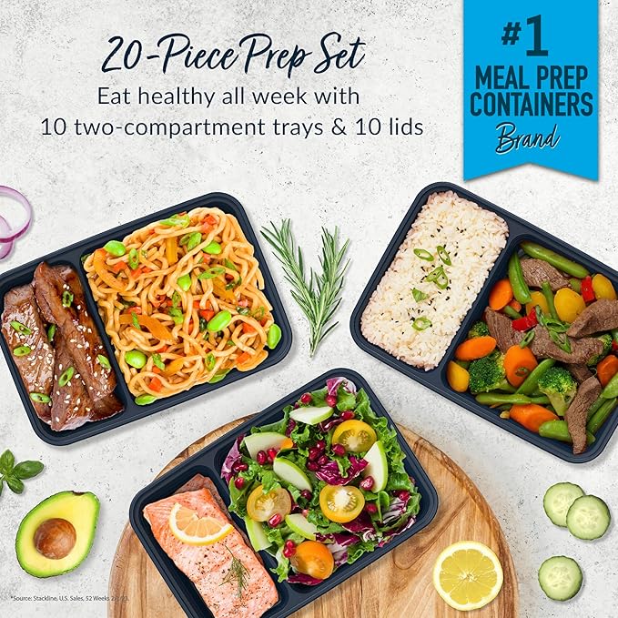 Bentgo 20-Piece Lightweight, Durable, Reusable BPA-Free 2-Compartment Containers - Microwave, Freezer, Dishwasher Safe - Navy Blue