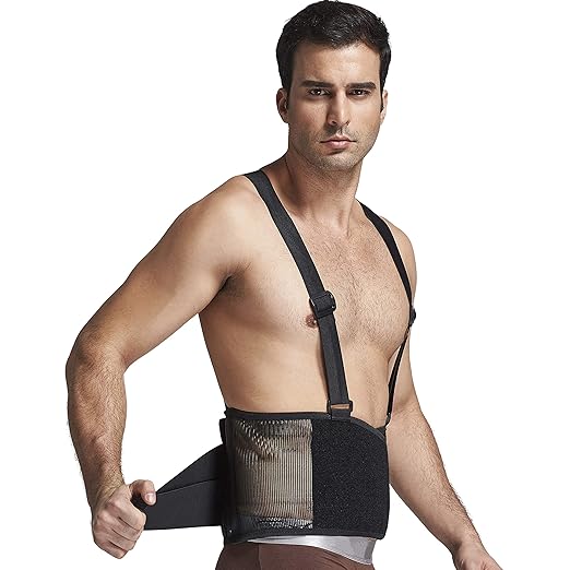 NeoTech Care Back Brace with Suspenders/Shoulder Straps - Light & Breathable - Lumbar Support Belt for Lower Back Pain - Posture, Work, Gym - Black Color (Size XL)