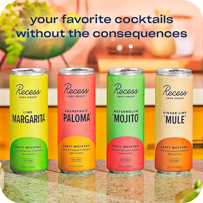 Recess Zero Proof Craft Mocktails, Alcohol Free Drinks, With Adaptogens, Non-Alcoholic Beverage Replacement, Mixer, Celebration, Party, (Grapefruit "Paloma", 12oz, Pack of 12)