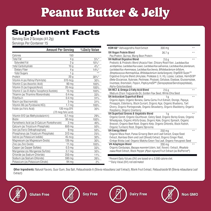 VitaHustle ONE Meal Replacement Shake - Plant Based Protein Powder by Kevin Hart - Vegan, Meal Replacement Powder with Superfoods, Vitamins, Adaptogens & Probiotics - Peanut Butter & Jelly Flavor, 15 Servings