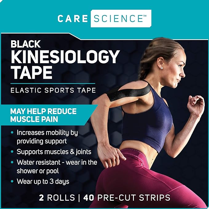 Care Science Waterproof Kinesiology Tape, 40 ct Precut Strips (2 Rolls), Black | Elastic Sports & Weightlifting Tape Supports Muscles & Joints. Water Resistant