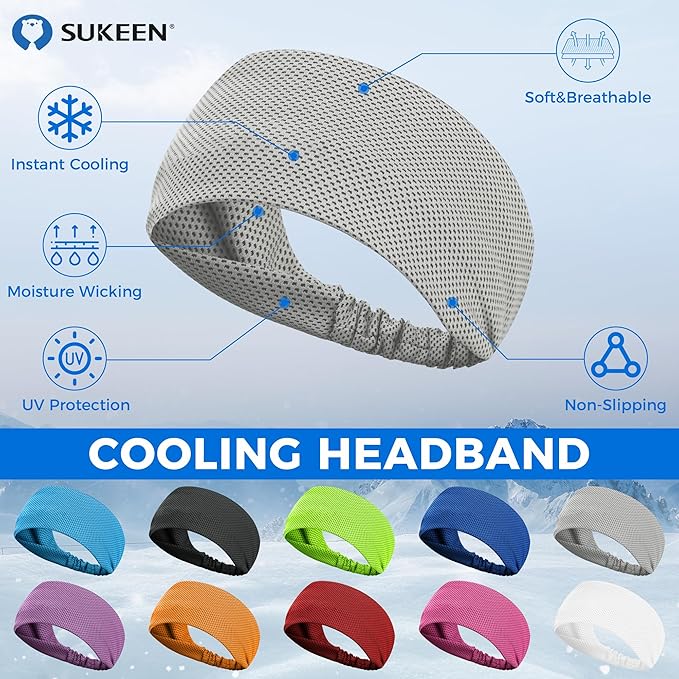 Sukeen Cooling Headband for Men Women, Instant Cooling Running Headband, Sweat Headbands for Workout, Sports Headbands for Yoga, Golf, Gym, Camping, Tennis, 20 inches