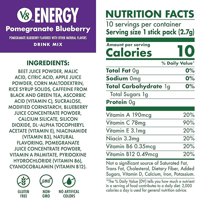 Bundle of V8 Energy Strawberry Lemonade, Peach Mango, & Pomegranate Blueberry Energy Drink Powder, .10 oz Packet (30 Count)