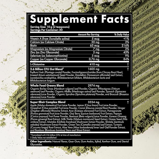 WelleCo The Super Elixir Daily Greens Powder, Probiotic Drink Mix with Whole Foods, Gluten Free, Vegan Gut Health Powder, Energy, Immunity, Healthy Skin, Hair & Nails (300g, Lemon Ginger)