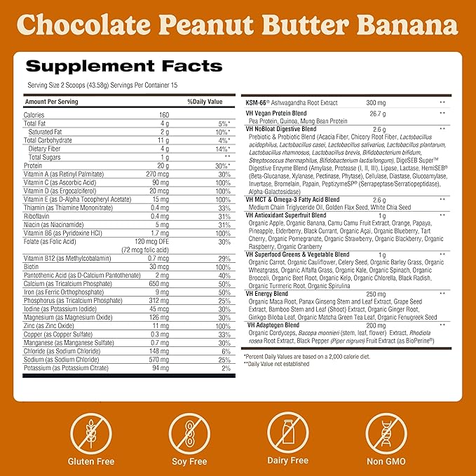 VitaHustle ONE Meal Replacement Shake - Plant Based Protein Powder by Kevin Hart - Vegan, Meal Replacement Powder with Superfoods, Vitamins, Adaptogens & Probiotics -Choc Peanut Butter Banana Flavor, 15 Servings