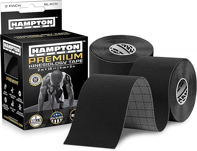 Hampton Adams | As Seen on Shark Tank | Elastic Kinesiology Tape (2-Pack) | Uncut Athletic Tape Supports & Protects Muscles Knees Shoulders & Plantar Fasciitis | Waterproof Hypoallergenic (Black)