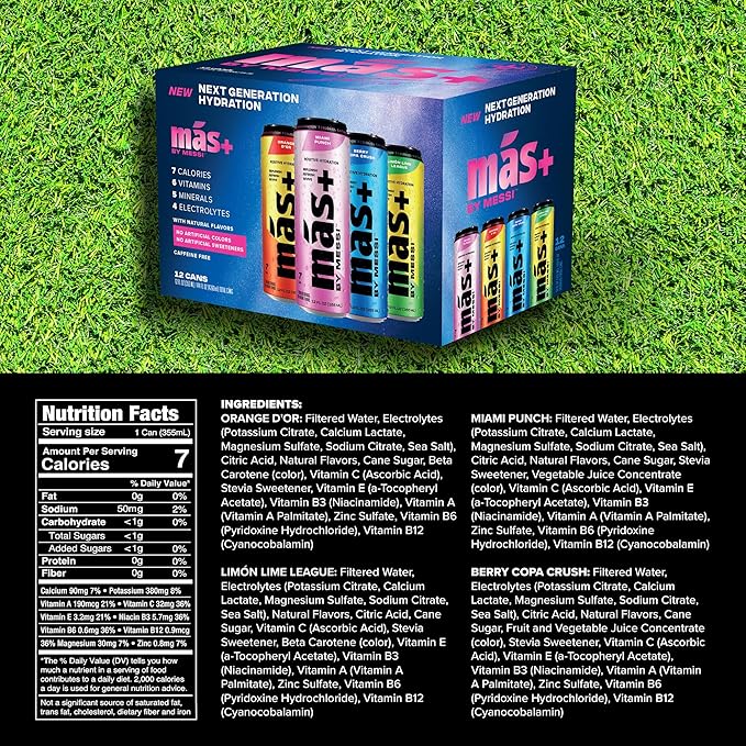 Más+ by Messi 12oz Variety Pack, Sports Drink & Hydration Beverage, Natural Flavors with Vitamins and Electrolytes, No Artificial Sweeteners or Colors, 12-pack