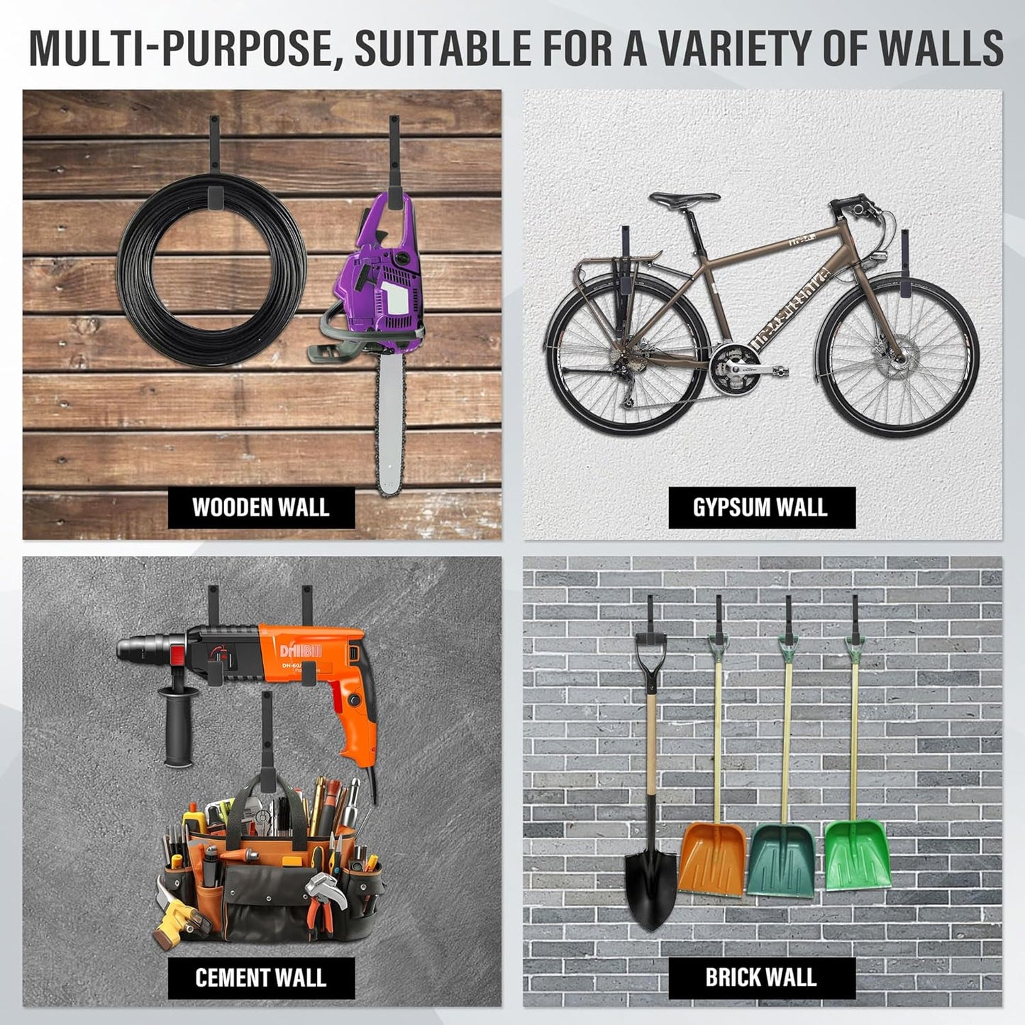 Heavy Duty Utility Hooks, Garage Storage Wall Mount Steel Hooks, Garden Tool Hanger, Garage Organizer for Tool, Ladder, Folding Chair, Hose, Ropes, Bike, etc.(2 S, 2 M, 2 L)