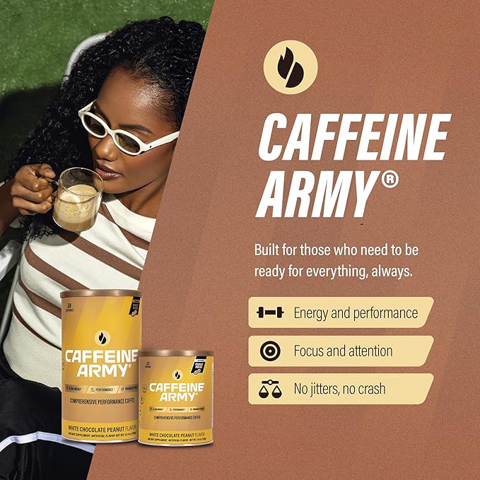 CAFFEINE ARMY White Chocolate Peanut | Comprehensive Functional Coffee with MCTs, CoQ10, Collagen and Adaptogens: Clean Energy + Supports Daily Attention, No Jitters or Crash (13.4 oz 38 Servings)