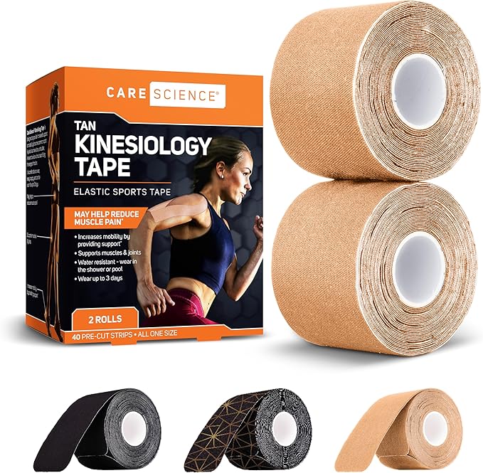 Care Science Waterproof Kinesiology Tape, Precut Water Resistant Strips, Elastic Athletic Tape for Sports & Weightlifting, Supports Muscles & Joints, Muscle Strain Relief, Tan, 2 Rolls, 40 Count