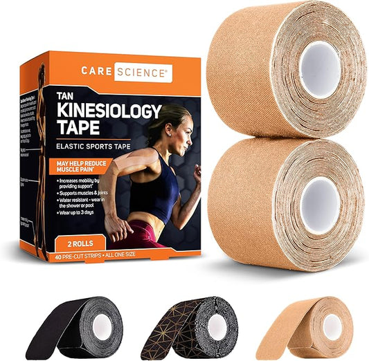 Care Science Waterproof Kinesiology Tape, Precut Water Resistant Strips, Elastic Athletic Tape for Sports & Weightlifting, Supports Muscles & Joints, Muscle Strain Relief, Tan, 2 Rolls, 40 Count