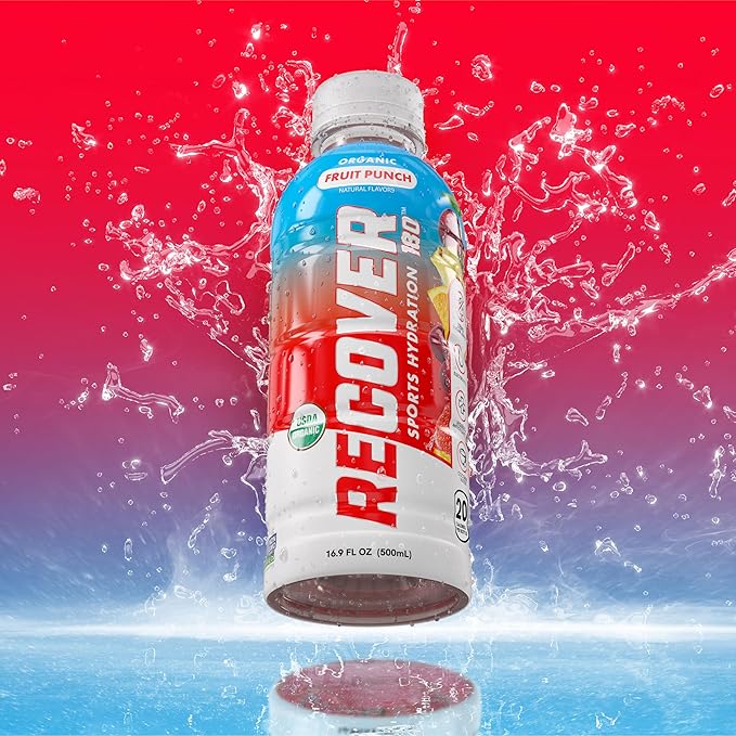 RECOVER 180 Organic Sports Hydration Drink, No Sugar Added, 20 Calorie Sports Beverage, Organic Flavors With Vitamins, Potassium-Packed Electrolytes (16.9 Fl Oz (Pack of 12), Fruit Punch)