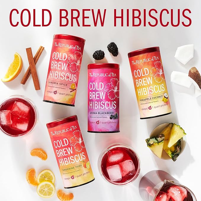 The Republic of Tea – Cold Brew Hibiscus Tangerine Yuzu Iced Tea, Large Herbal Iced Tea Pouches, Steeps Six One-Quart Pitchers