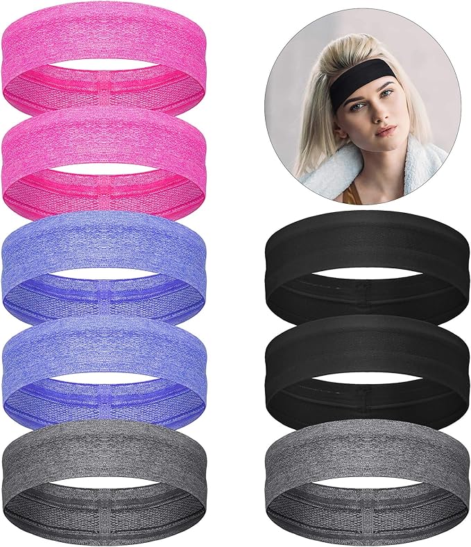 8 Pieces Sweatbands Non Slip Headbands Stretchy Running Sports Sweatbands Workout Headband Grip Silicone Yoga Hair Band Elastic Exercise Hair Wrap for Women Men