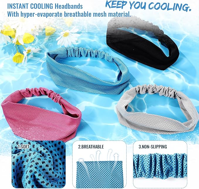 Coume 4 Pcs Cooling Headbands for Women Men Sweat Absorbing Headbands Stretchy Sports Hair Bands for Running, Yoga, Golf, Camping, Biking, Tennis