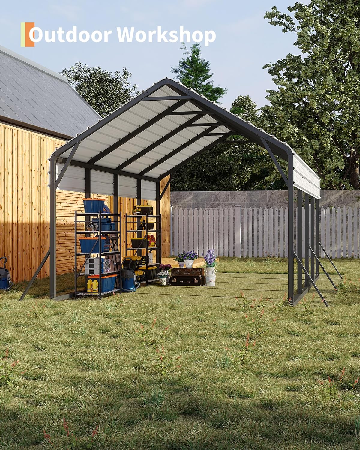 13'x21'x11' Oversized Metal Carport, Steel Heavy Duty Carport for All-Weather, Permanent Shelter for Bass Boats, Pickup Trucks, and Tractors, N.W. 660 Lbs