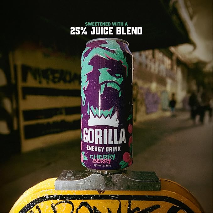Gorilla Energy Drink, Cherry Berry, 200mg Natural Caffeine, Real Fruit Juice Squeezed & Concentrated, L-Theanine, Taurine, Ginseng, Acetyl L-Carnitine, No Added Sugar and No Artificial Colors, 12 Pack