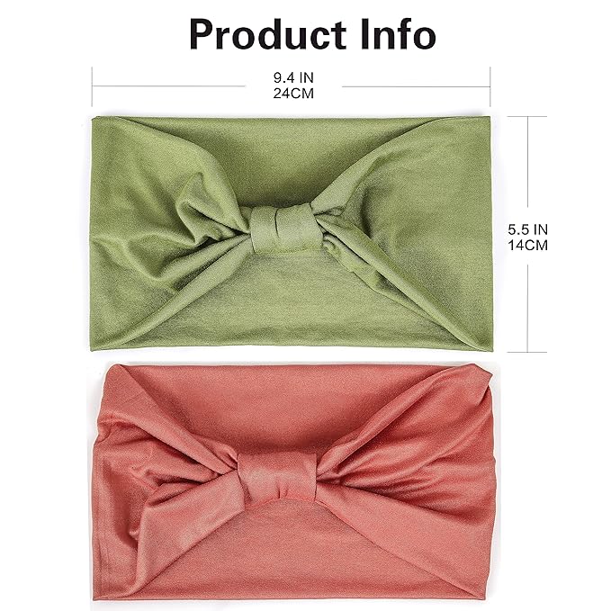 GILI 2 Pack Wide Headbands for Women Boho African Knotted Non Slip Fashion Hair Bands Yoga Running Sports Workout Gym Head Wraps Elastic Soft Cotton Cloth Turbans Bandana for Girls(Green, Pink)