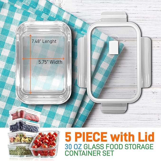 NutriChef 10-Piece Superior Glass Food Storage Containers Set (5 Containers + 5 Locking Lids),Stackable Meal-prep Design, BPA-free Airtight Clear Locking lids with Vent Lids & Air Hole, NCCLX5