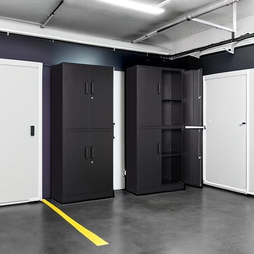 Yizosh Metal Storage Locking Cabinet with 4 Doors and 2 Adjustable Shelves,71" Lockable Garage Tall Steel Cabinet,for Home Office,Living Room,Pantry,Gym,Commercial Storage (Black)