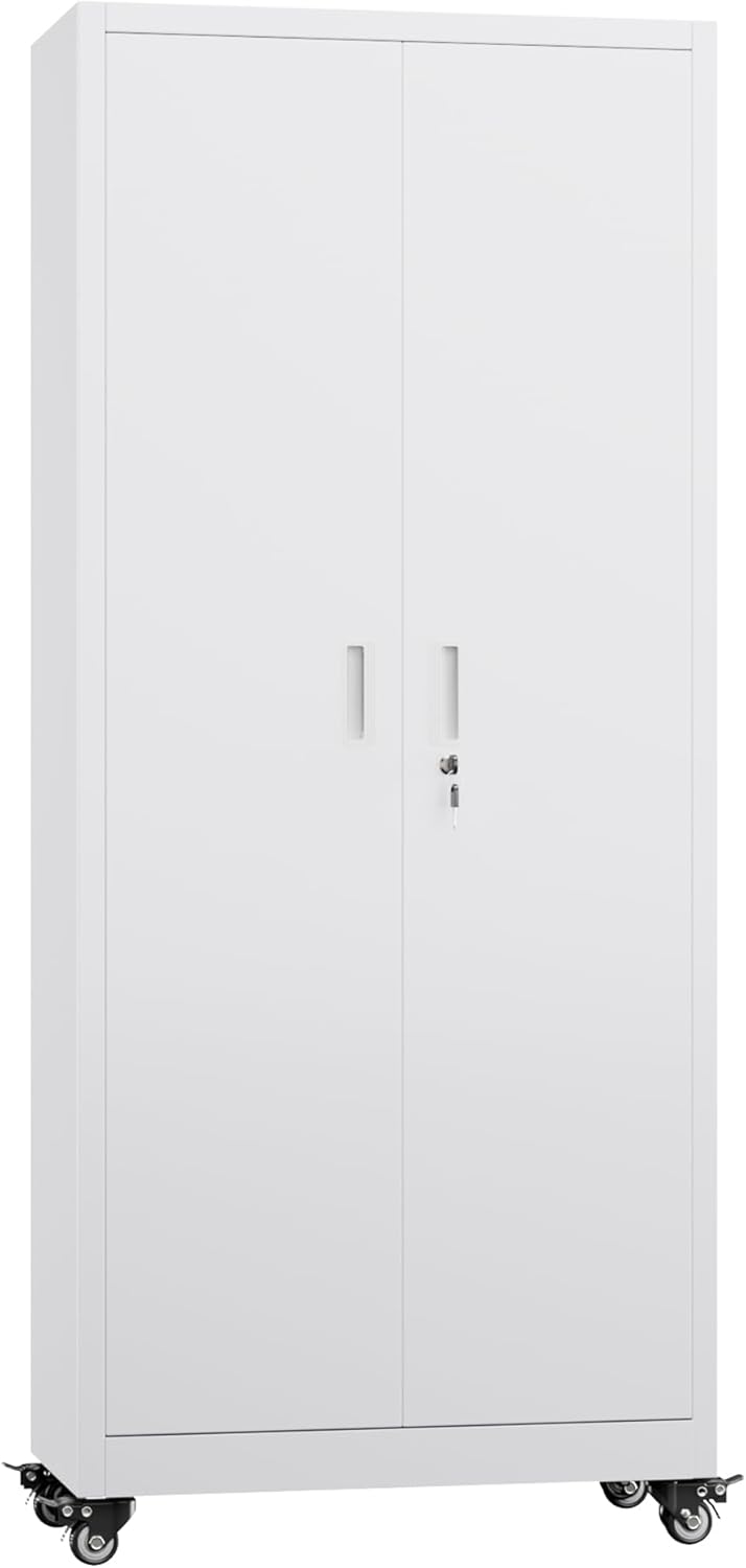 Garage Storage Cabinet with with Pegboard and Wheels,73" Metal Lockable File Cabinet with 2 Doors and 4 Adjustable Shelves,Tool Storage,Home Office Garage,Gym,School (White)