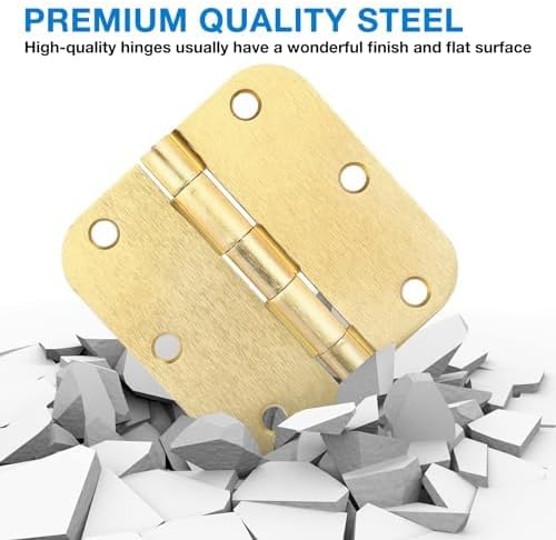 6 Pack Rounded Door Hinges 3.5 inch X 3-1/2" 5/8 Radius, Brushed Brass 3 ½ Inch Satin Gold Interior Standard Hinge for Bedroom Wood/French Style Clear Glass Doors Easy Install Hardware Accessories