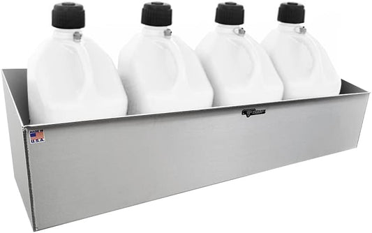 Pit Posse 431 Utility Fuel Jug Rack Holder Shelf 46" Fits 4 Five Gallon Jugs - Made in USA - Enclosed Race Trailer Garage Shop Aluminum Quad Four Mount Storage Organizer (Silver)