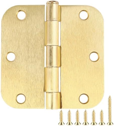 6 Pack Rounded Door Hinges 3.5 inch X 3-1/2" 5/8 Radius, Brushed Brass 3 ½ Inch Satin Gold Interior Standard Hinge for Bedroom Wood/French Style Clear Glass Doors Easy Install Hardware Accessories
