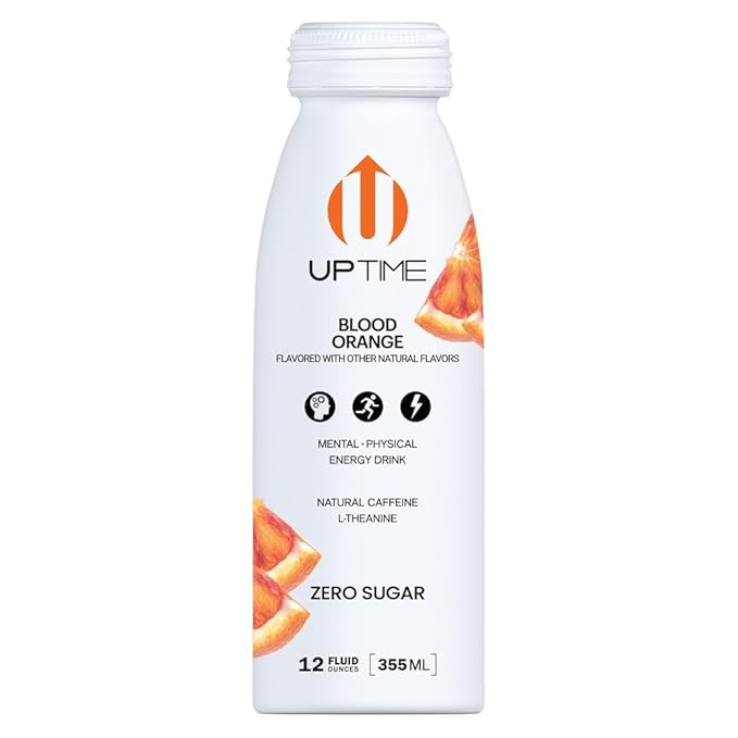 UPTIME Energy Drink, Blood Orange Sparkling, 12 Pack, Vitamin C, L Theanine, Calcium, Sugar Free Energy Drinks for Focus Support, 142mg of Natural Caffeine, 0 Calories, Clean, Natural, 12 fl oz Cans