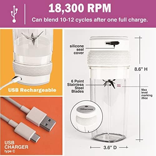 Bionic Blade Personal Blender 26.5 Oz, Cordless, Rechargeable 18,000 RPM Portable Blender for Shakes and Smoothies Mini Blender Portable 8.6" Tall, Seen On TV (Gunmetal)