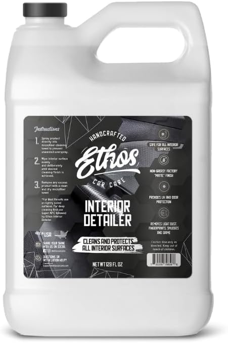Ethos Car Care Interior Detailer - Easily Cleans and Protects All Interior Surfaces, Non Greasy Satin Finish, UV Protection and Odor Neutralizing Agents for Interior Care (Gallon)