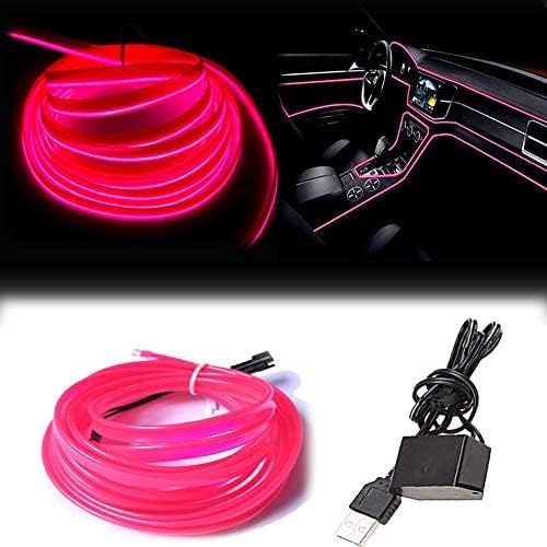El Wire Pink Interior Car LED Strip Lights, 10M Neon Wire USB 5V with Fuse Protection for Automotive Interior Decoration, with 6mm Sewing Edge