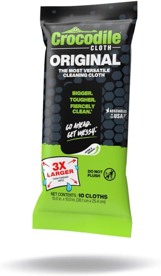 Crocodile Cloth Original Cleaning Wipes – 10 (15” x 10”) Hand & Tool Industrial Cleaning Wipes – Large Multi-Surface Cleaning Cloths, Water-Based Solution with Extreme Cleaning Power — Safe on Skin