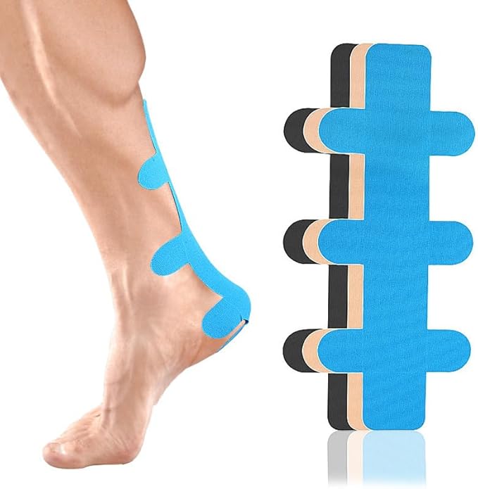 Precut Kinesiology Tape for Achilles Tendon, 12 Pcs Elastic Athletic Tape Leg Support Muscle Tape Patches, Waterproof Kinesiology Recovery Tape Precut Strips Latex-Free Sports Tape for Muscle Support