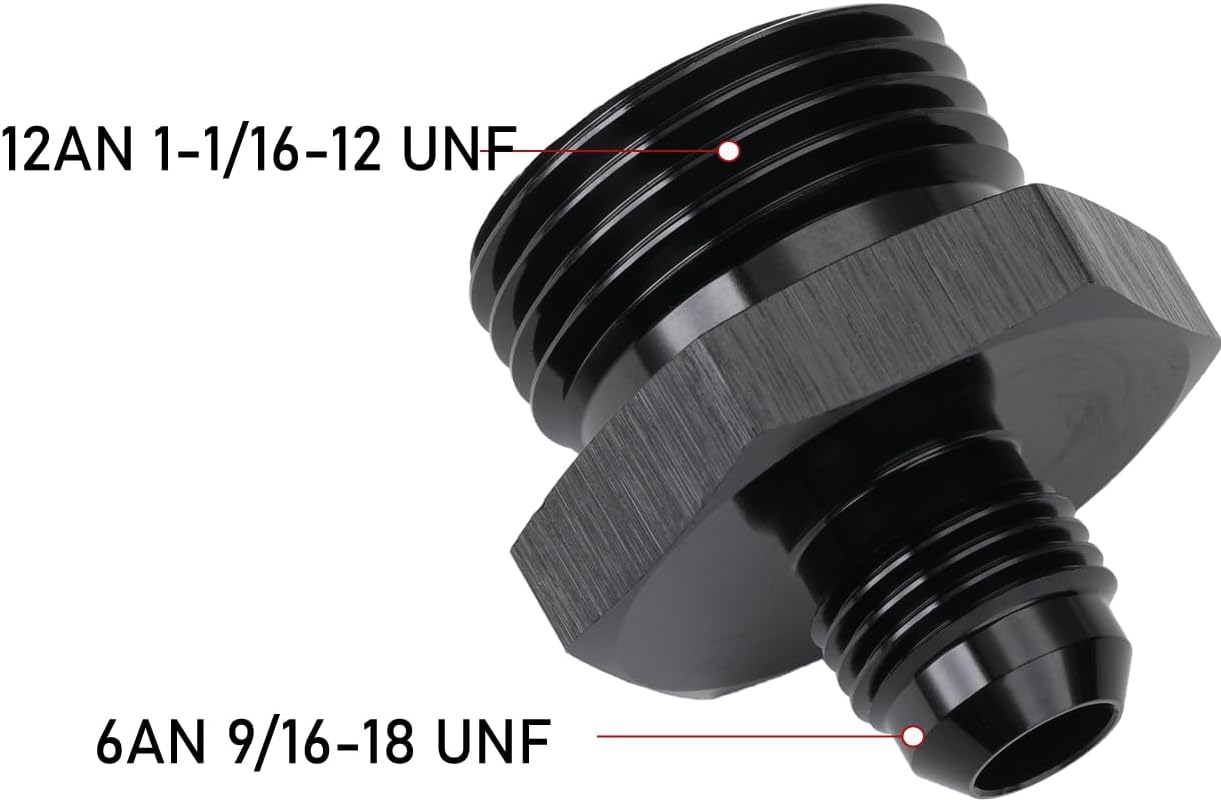 6AN Male Flare to 12AN ORB O-ring Boss Fuel Pump Rail Adapter Fitting Aluminum Black, Pack of 2