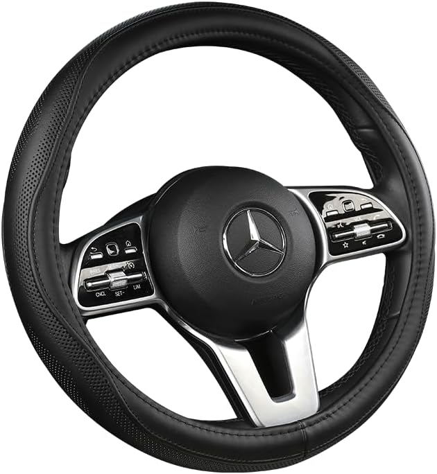 Cowhide Steering Wheel Cover Heat Resistant Anti-Slip Car Wheel Wrap Compatible with Most Makes and Models of Cars and Trucks with 14.5 to 15 Inch Steering Wheel(Black)