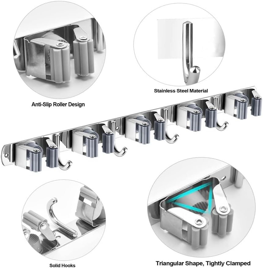 Mop and Broom Holder, 4 Positions 5 Hooks Heavy Duty Mop Hanger Wall Mounted Stainless Steel Organizer for Home Laundry Bathroom, Garage Storage Systems Utility Tools Rack