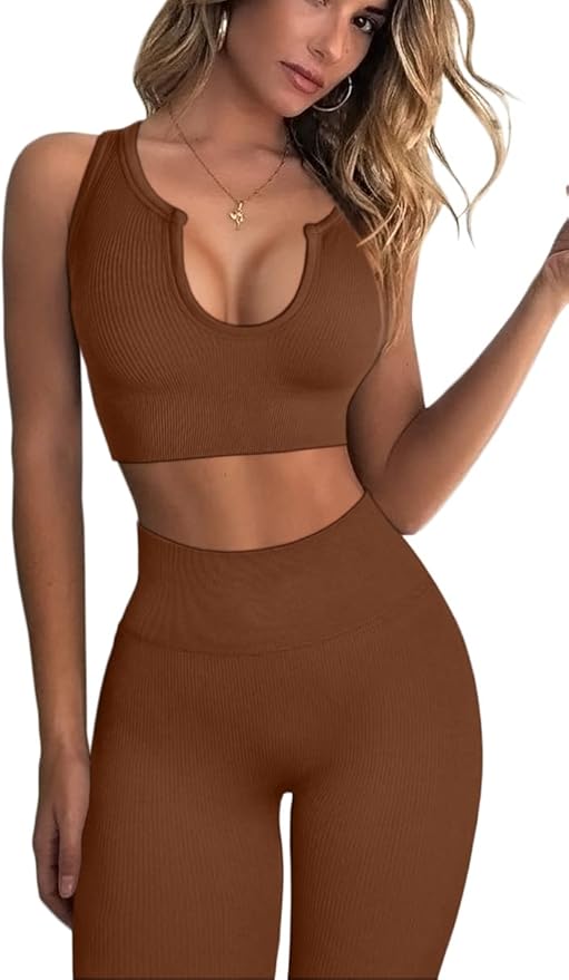 QINSEN Workout Outfits for Women 2 Piece Ribbed Seamless Crop Tank High Waist Yoga Leggings Sets