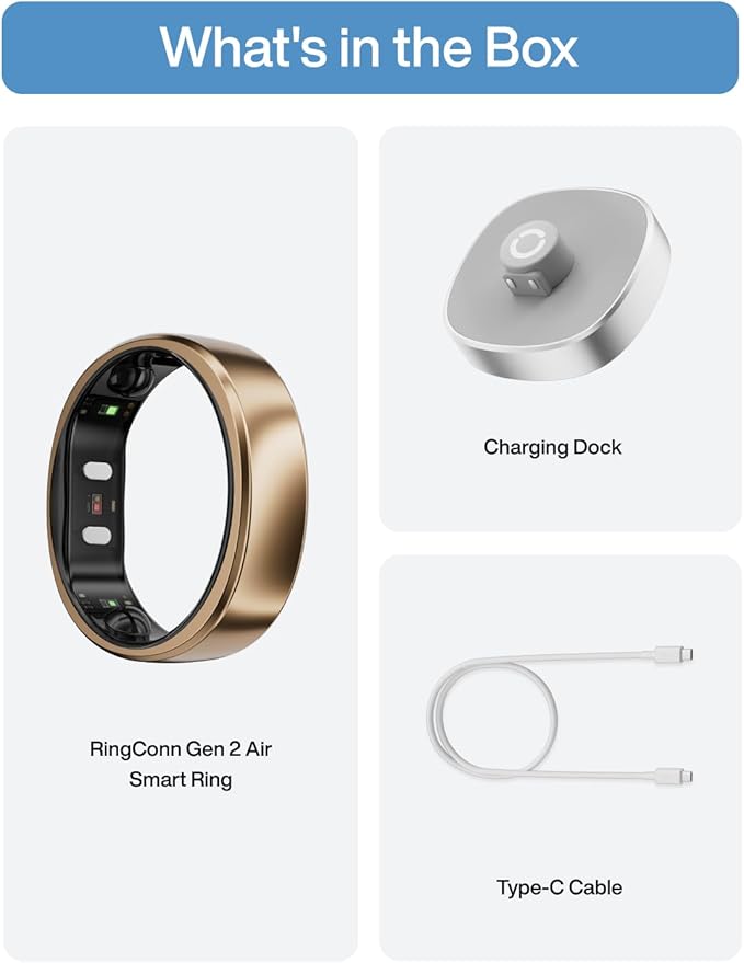 RingConn Gen 2 Air, Ultra-Thin AI Smart Ring, 10-Day Battery Life, Fitness/Sleep/Stress/HR Tracker for Women&Men, No App Fee for Standard Features, iOS & Android Compatible (Size 8, Dune Gold)