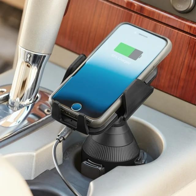 Cup Holder Phone Mount with Wireless Charger, Multi-Angle Rotation, Quick-Push Release Button, Lightweight