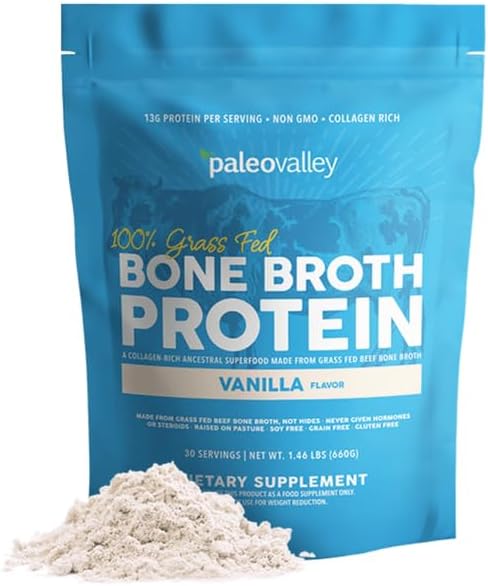 Paleovalley 100% Grass Fed Bone Broth Protein Powder - Vanilla - Rich in Collagen for Hair, Skin, Gut Health, Bone and Joint Support - 28 Servings